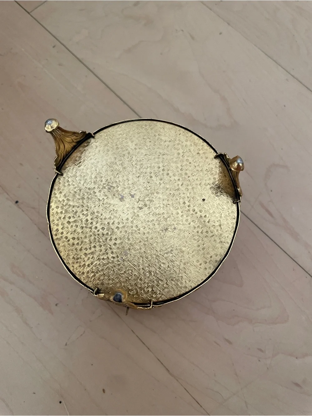 Vintage Gold Ormolu Beveled Glass Jewelry Casket Round Filigree Trinket Box 3